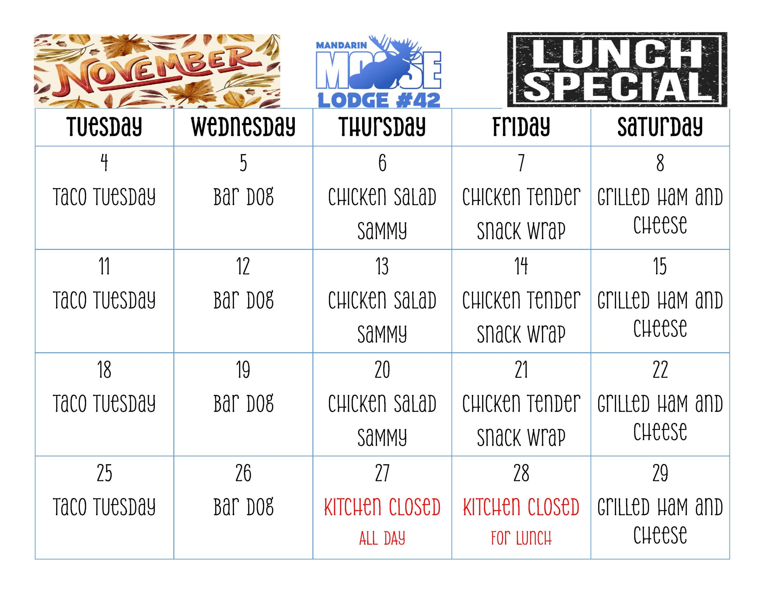November daily lunch specials
